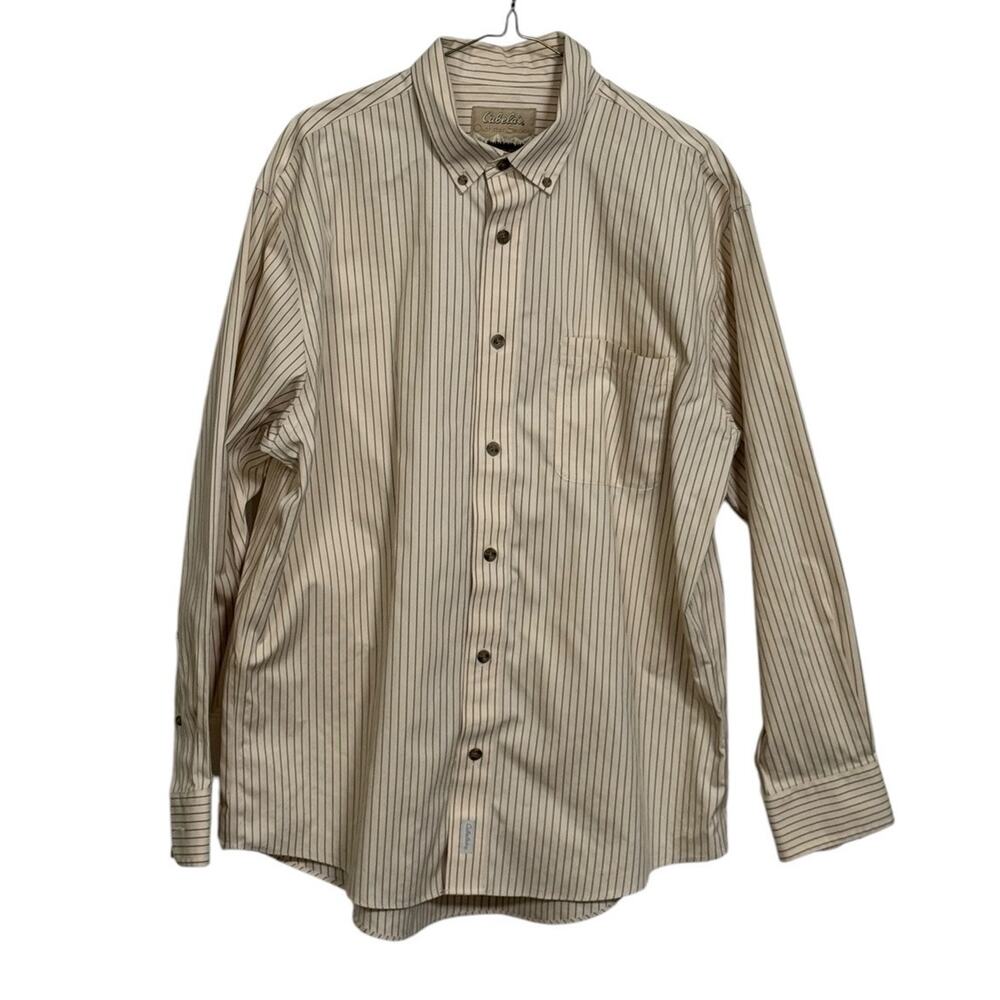 Cabelas Outfitter Series Long Sleeve Shirt Mens Large Beige Button Down‎ Striped